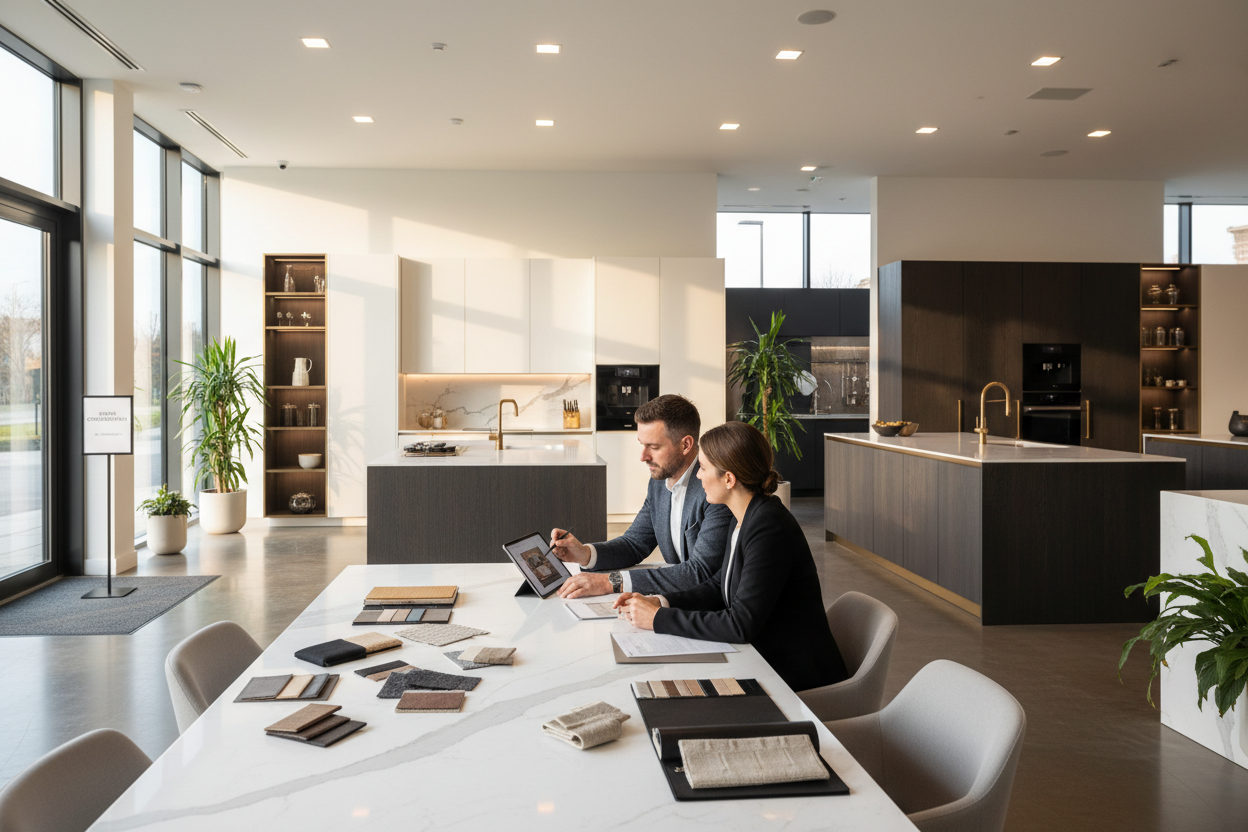 Bright modern kitchen showroom with design consultation area. Designer and client reviewing samples at table, kitchen displays in background. Professional welcoming atmosphere. Wide angle, photorealistic.