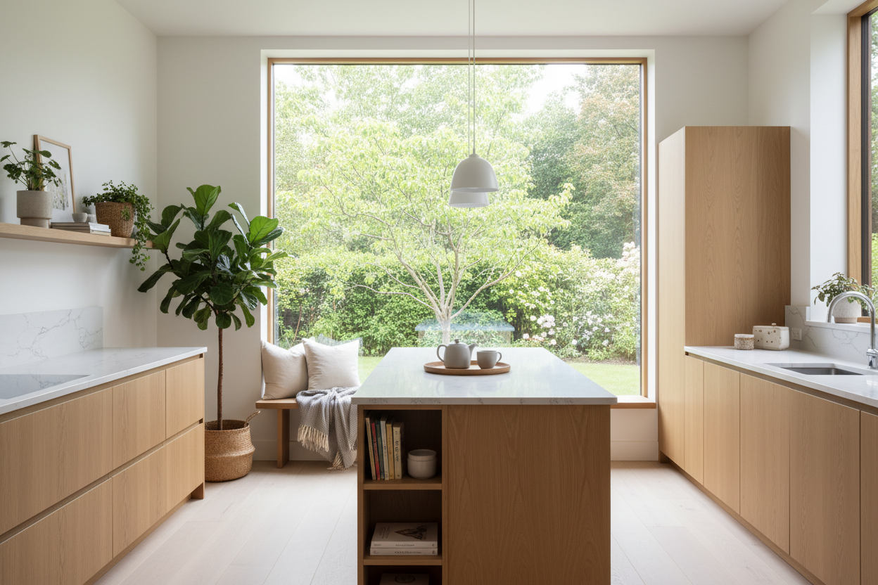 Bright Scandinavian-style kitchen with Vicostone white quartz countertops with subtle grey veining, light oak cabinets, minimalist design, large window with garden view, indoor plants, clean lines, hygge atmosphere, Nordic interior photography, 4K
