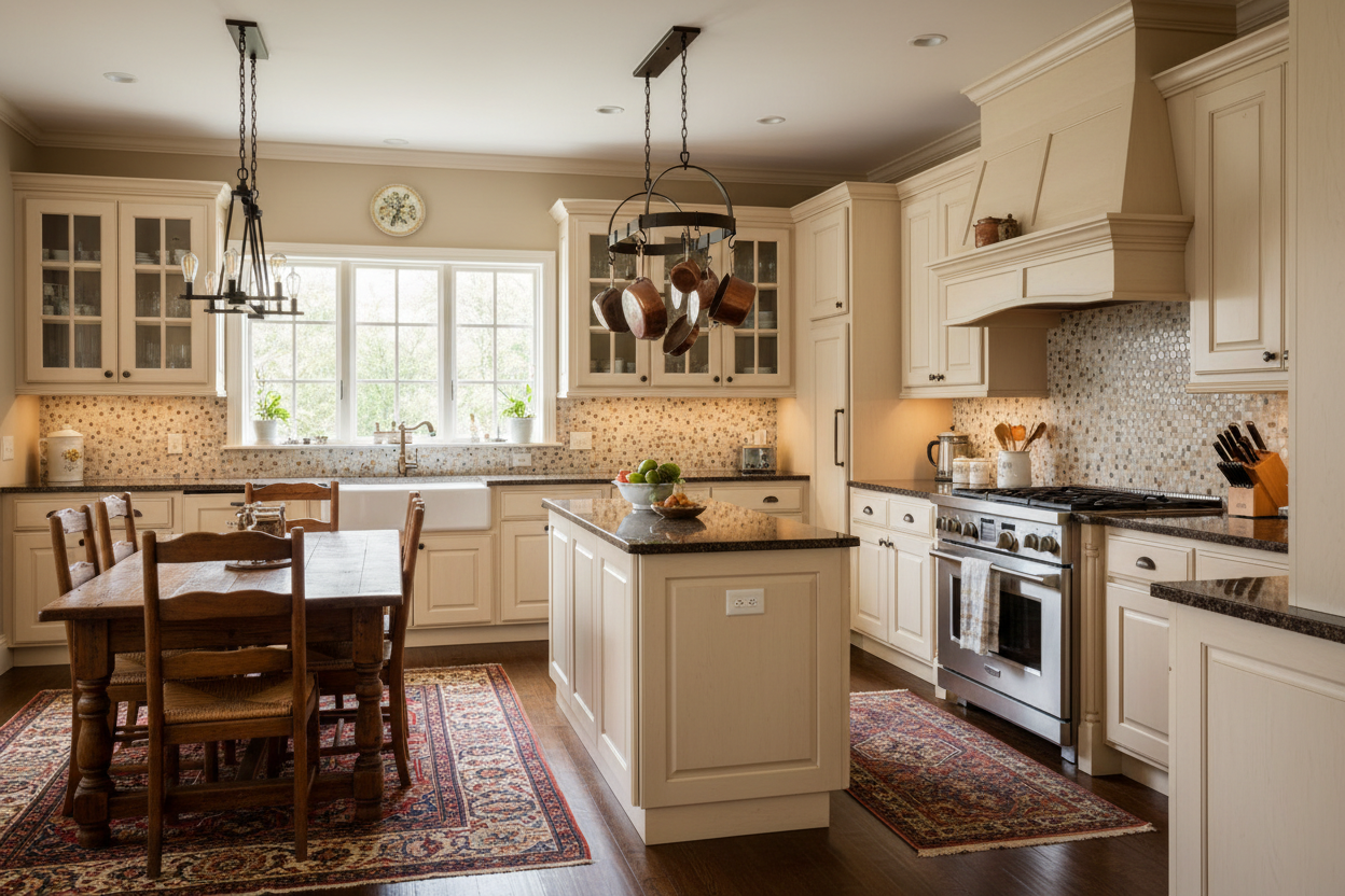 Classic kitchen with J&K cream maple cabinets. Traditional raised panel doors, antique brass hardware. Brown granite countertops, tile backsplash. Warm traditional style, photorealistic.