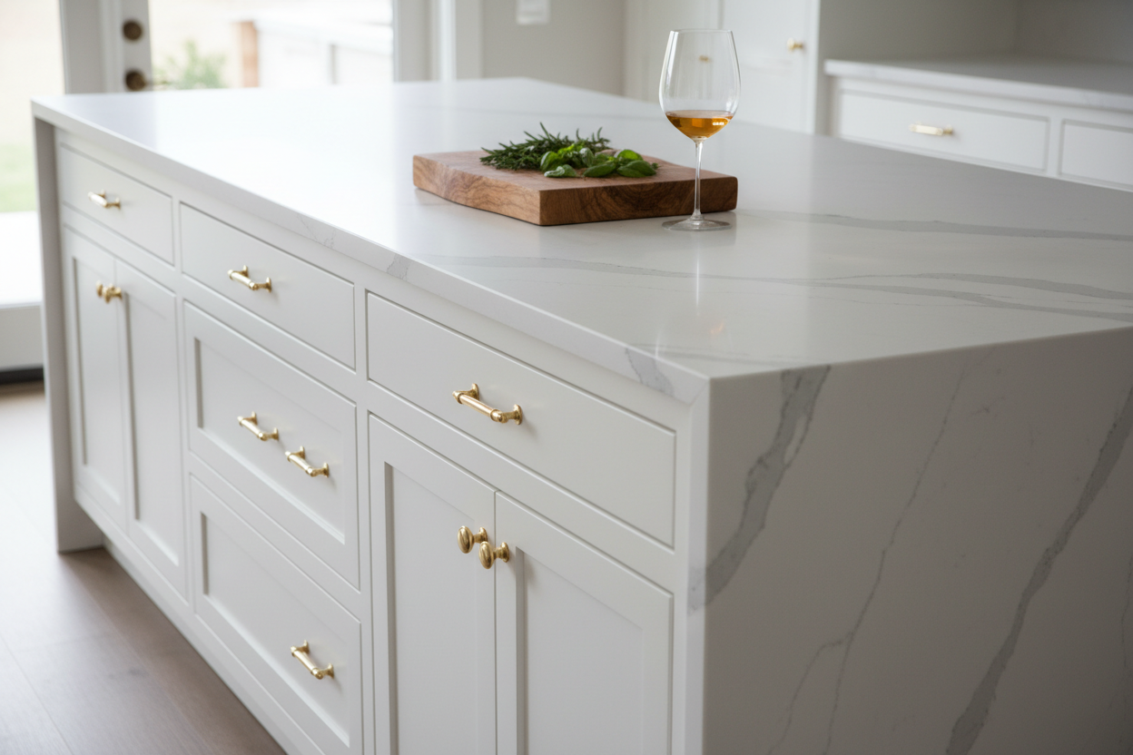 Close-up of luxury kitchen countertop detail. White quartz with subtle gray veining, waterfall edge on island. White shaker cabinets with brass hardware below. Styled with cutting board, fresh herbs, wine glass. Soft natural light, editorial photography, photorealistic. large screen version