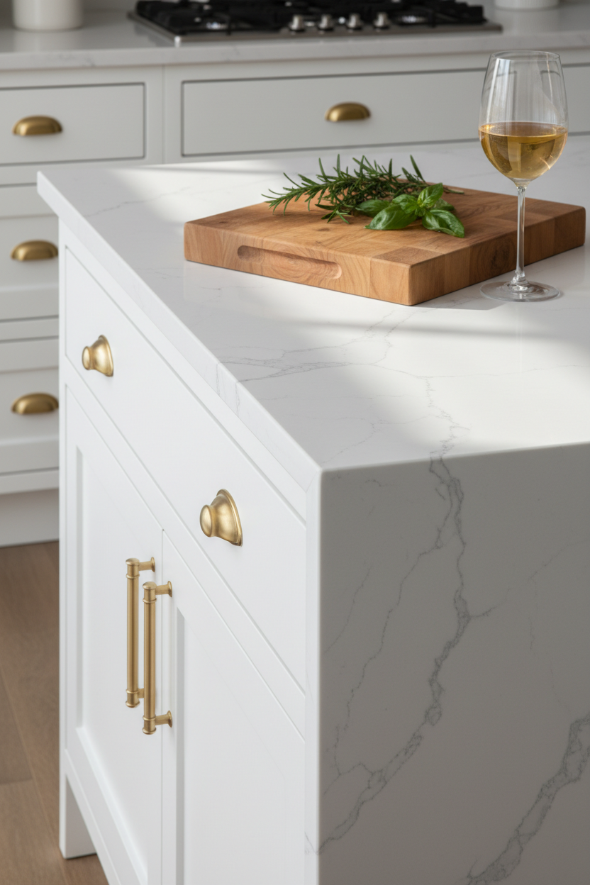 Close-up of luxury kitchen countertop detail. White quartz with subtle gray veining, waterfall edge on island. White shaker cabinets with brass hardware below. Styled with cutting board, fresh herbs, wine glass. Soft natural light, editorial photography, photorealistic. mobile versino