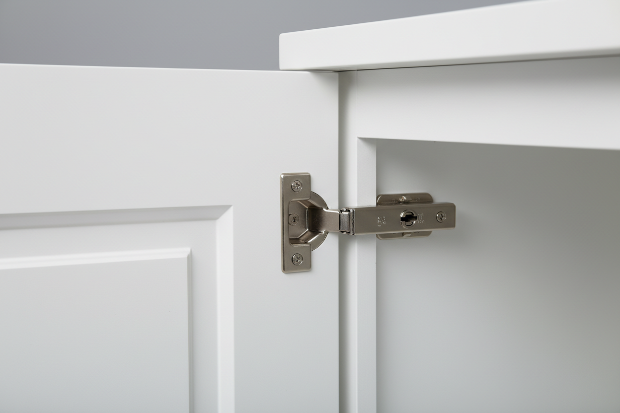 Close-up of premium white shaker cabinet door with soft-close hinge mechanism. Professional product photography showing quality craftsmanship and hardware detail. Clean, bright lighting, photorealistic.