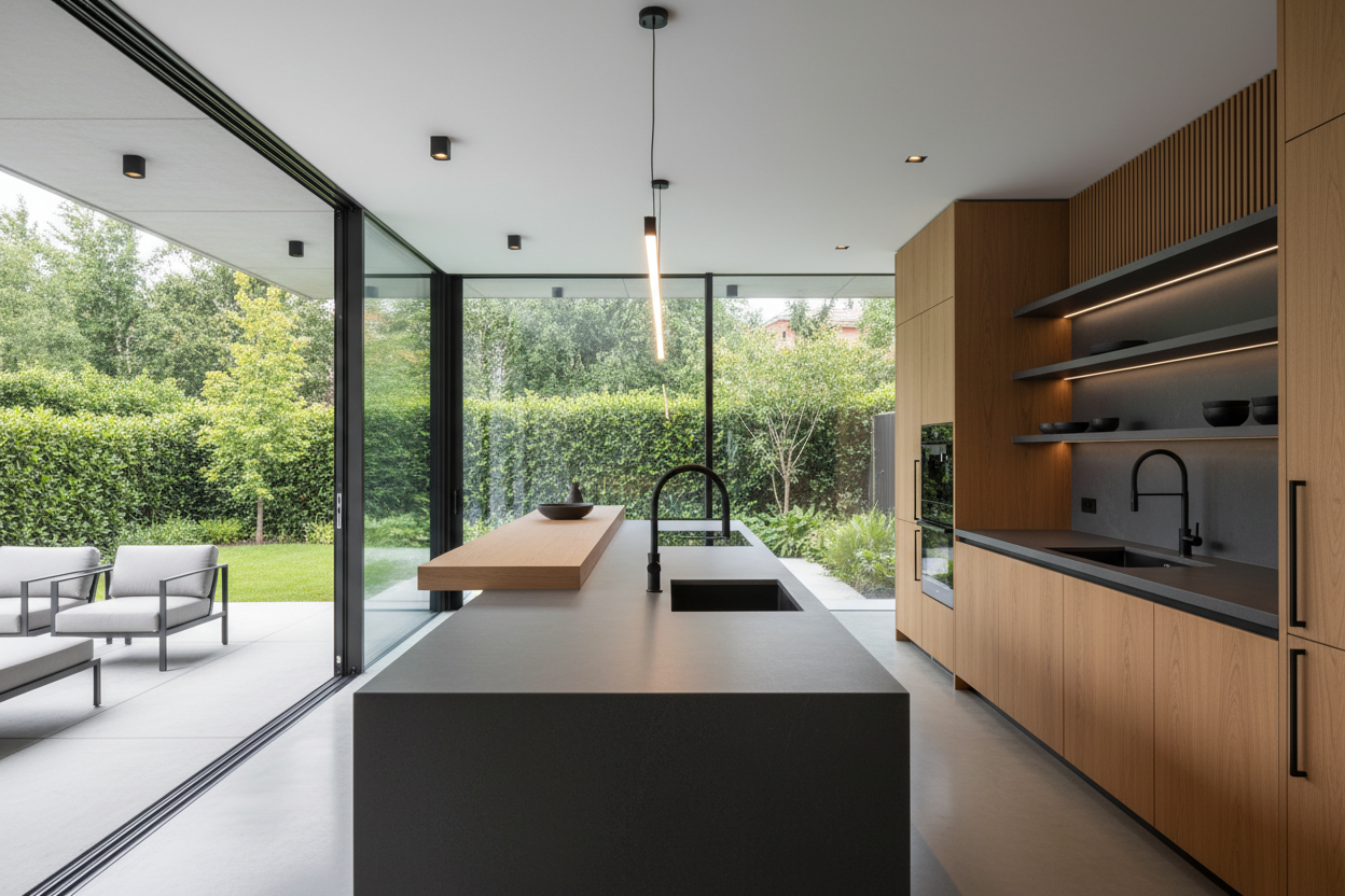 Contemporary kitchen featuring Dekton dark grey ultra-compact countertops, sleek integrated sink, outdoor-indoor flow design, floor-to-ceiling windows, matte black fixtures, warm wood accents, dramatic lighting, architectural photography style, 4K resolution