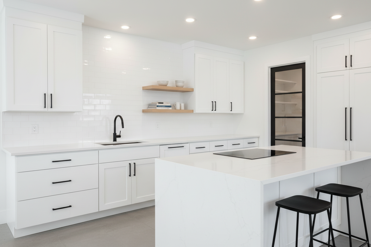 Contemporary kitchen with Cubitac white shaker cabinets. Clean minimalist design, matte black hardware. White quartz countertops, subway tile backsplash. Modern photography, photorealistic.
