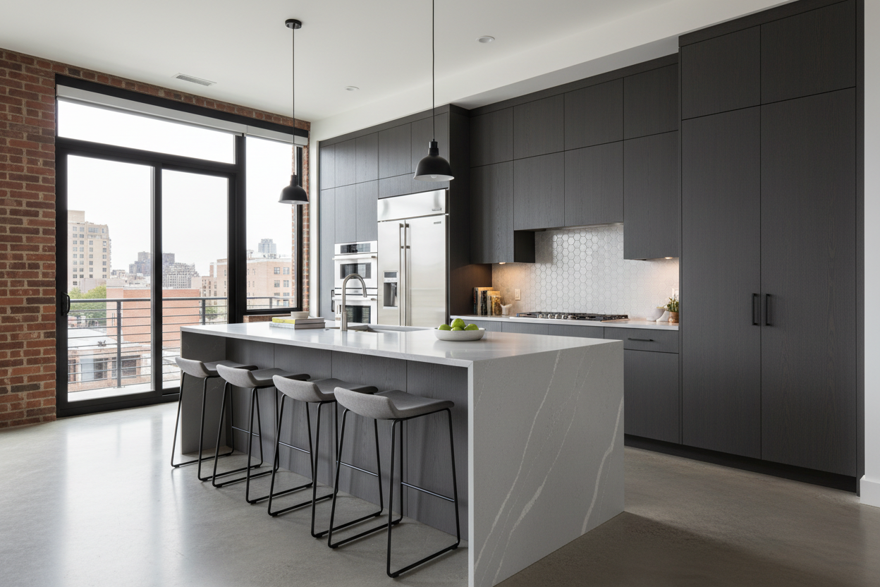 Contemporary open-concept kitchen with MSI quartz grey countertops, clean modern lines, flat-panel charcoal cabinets, stainless steel appliances, geometric backsplash, breakfast bar with modern stools, urban loft aesthetic, lifestyle photography, 4K