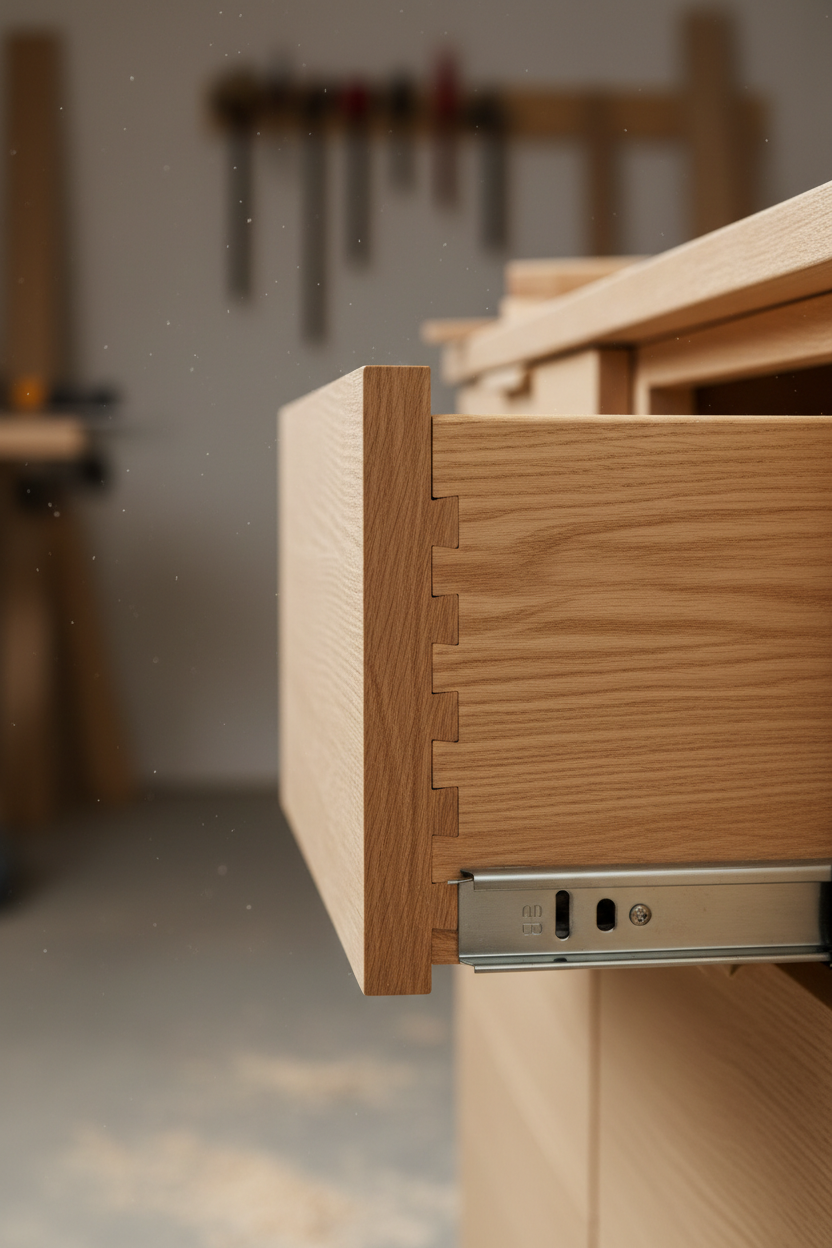 Detail shot of cabinet drawer with dovetail joints and soft-close glides. Quality craftsmanship visible. Professional product photography, vertical composition, photorealistic.