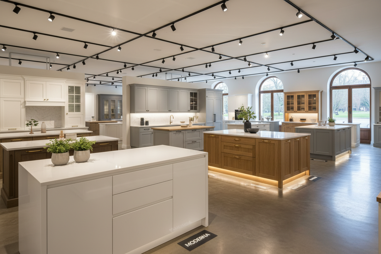 Elegant kitchen cabinet showroom with multiple brand displays. White, gray, and wood tone cabinets in row. Professional lighting, clean organized space. Wide angle architectural photography, photorealistic.