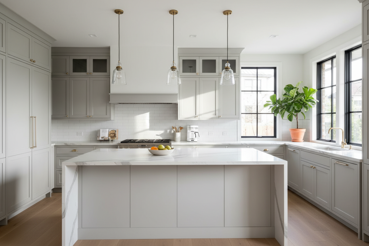 Elegant modern kitchen with Linnstone marble-look quartz countertops, soft white veining pattern, bright airy space, pendant lights over island, light grey cabinetry, subway tile backsplash, morning sunlight, lifestyle interior photography, 4K