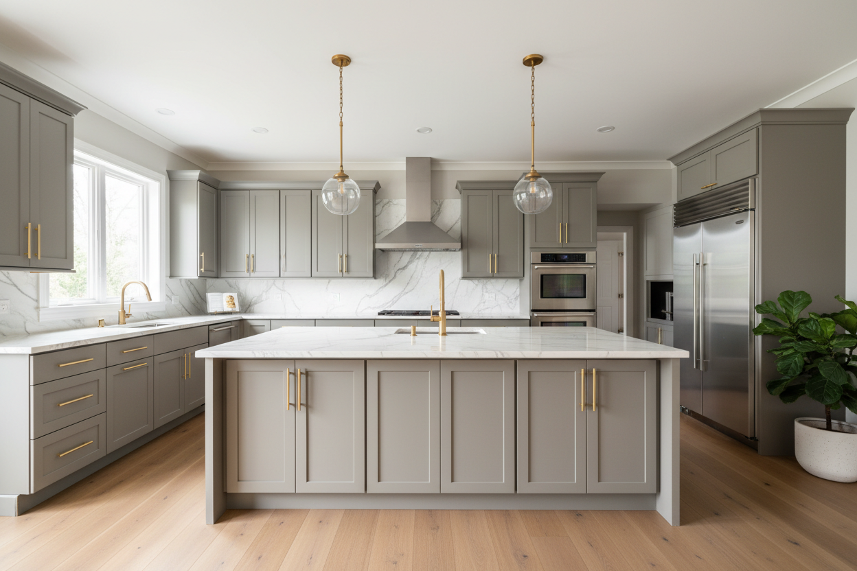 Elegant transitional kitchen with CNC Cabinetry. Warm gray cabinets, shaker style doors, gold hardware. Marble countertops, pendant lights. Professional photography, photorealistic.