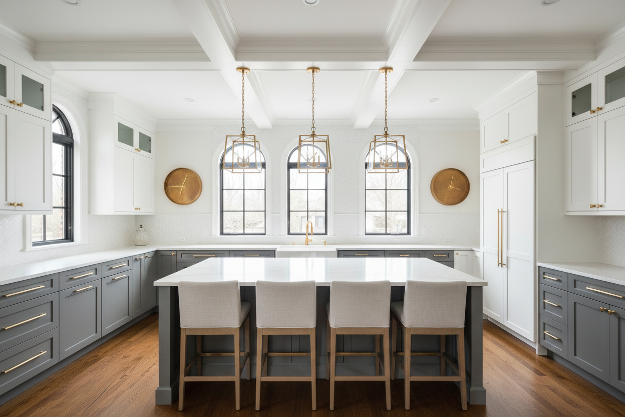 Elegant transitional kitchen with two-tone cabinets - white uppers, warm gray lowers. Brass hardware, quartz countertops, lantern pendants. Natural daylight, coffered ceiling. Professional architectural photography, wide angle, photorealistic. large screen version
