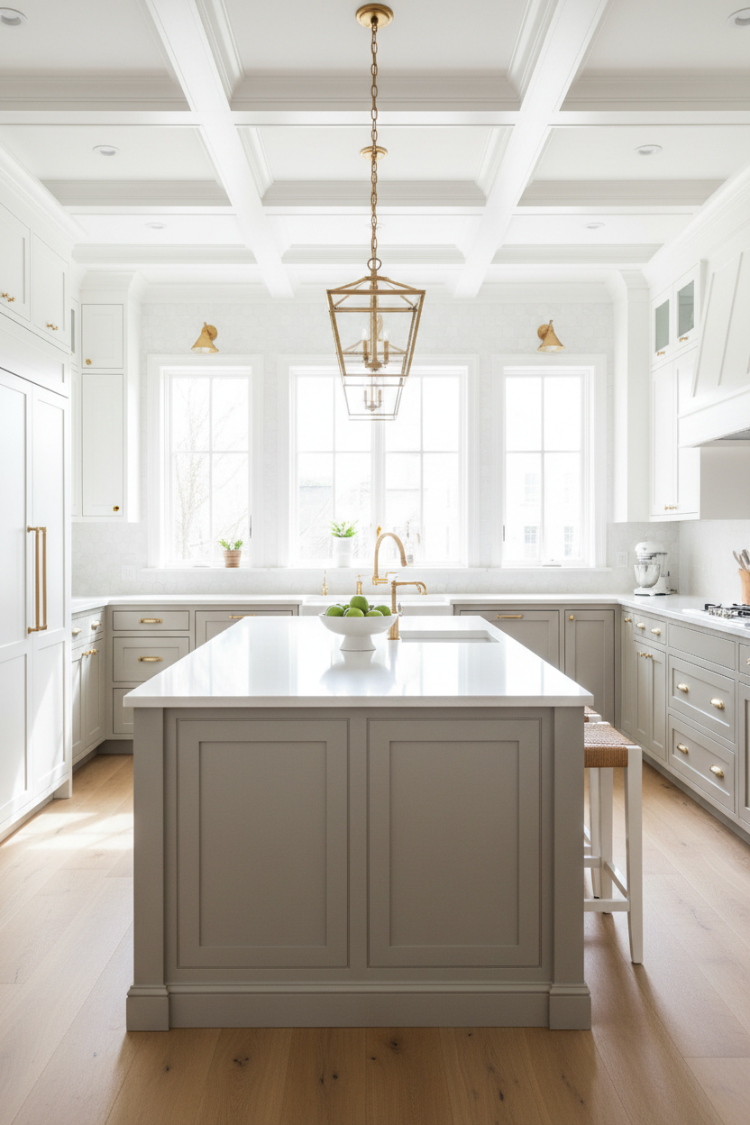 Elegant transitional kitchen with two-tone cabinets - white uppers, warm gray lowers. Brass hardware, quartz countertops, lantern pendants. Natural daylight, coffered ceiling. Professional architectural photography, wide angle, photorealistic. mobile version