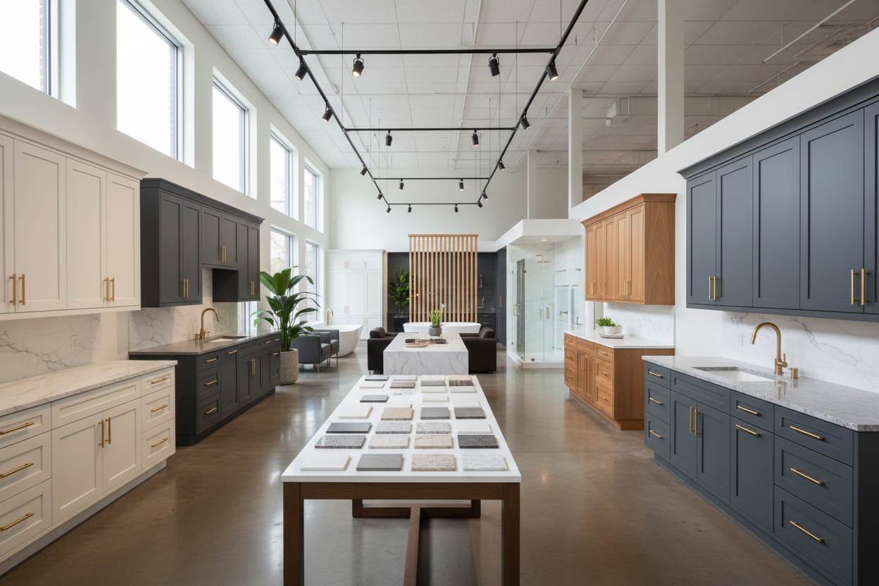 Elegant upscale kitchen and bath showroom interior. Multiple kitchen cabinet displays in white, gray, and natural wood tones. Countertop samples on display tables. Polished concrete floors, modern track lighting. Professional welcoming atmosphere. Wide angle architectural photography, soft natural light, photorealistic. 1920 x 800px
