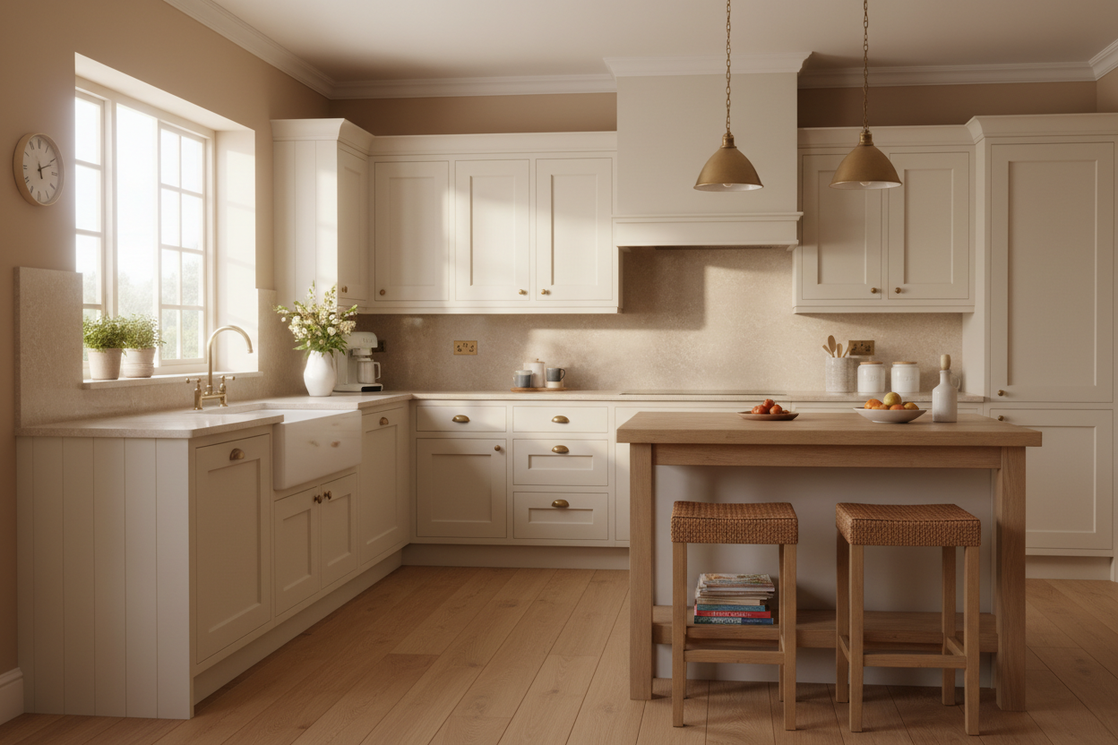Family-friendly kitchen with Reliance quartz beige countertops, warm neutral tones, traditional shaker cabinets in cream color, farmhouse sink, brass hardware, cozy morning atmosphere, natural window light, inviting home photography style, 4K