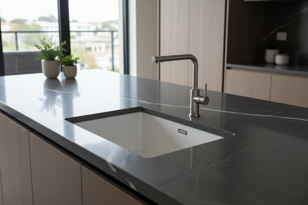 Gray quartz countertop with undermount sink