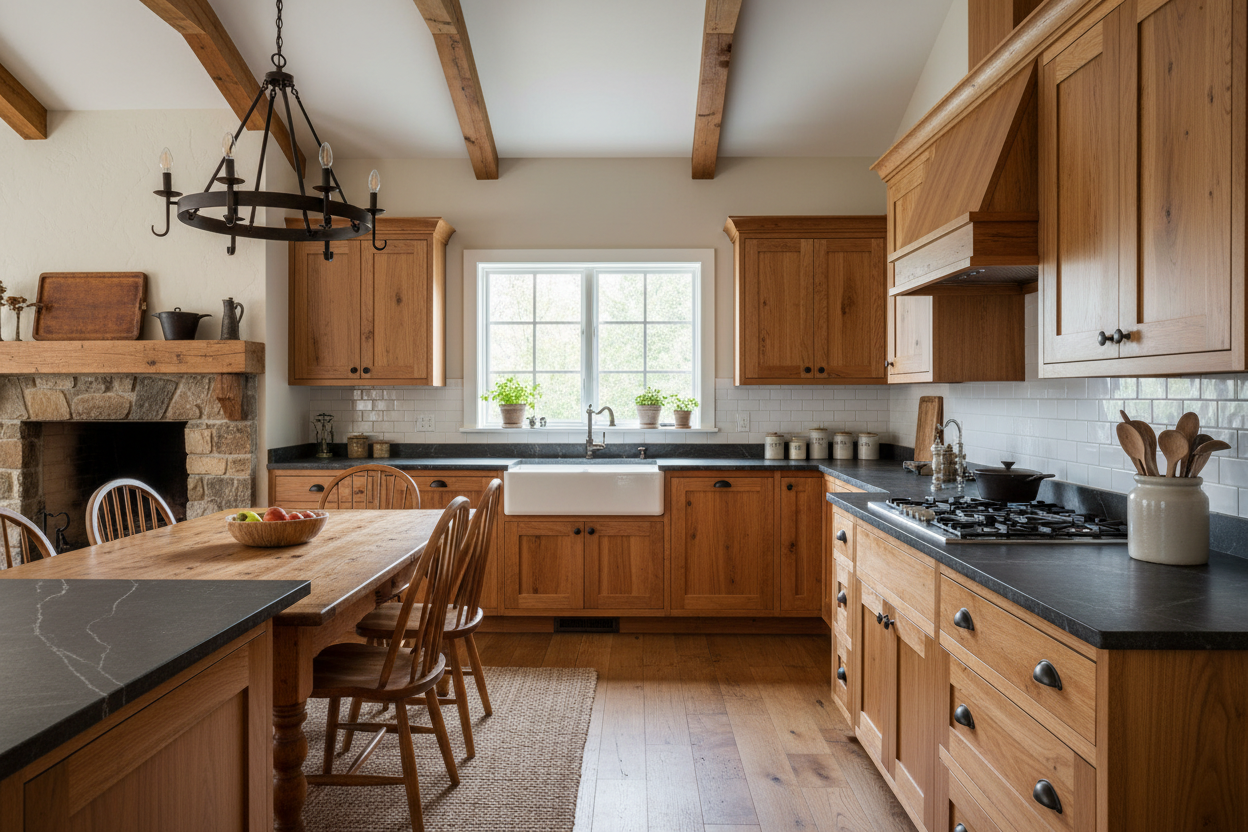Handcrafted American kitchen with Tedd Wood custom cabinets. Beaded inset doors, natural cherry wood, hand-rubbed finish. Soapstone countertops, farmhouse style, photorealistic.