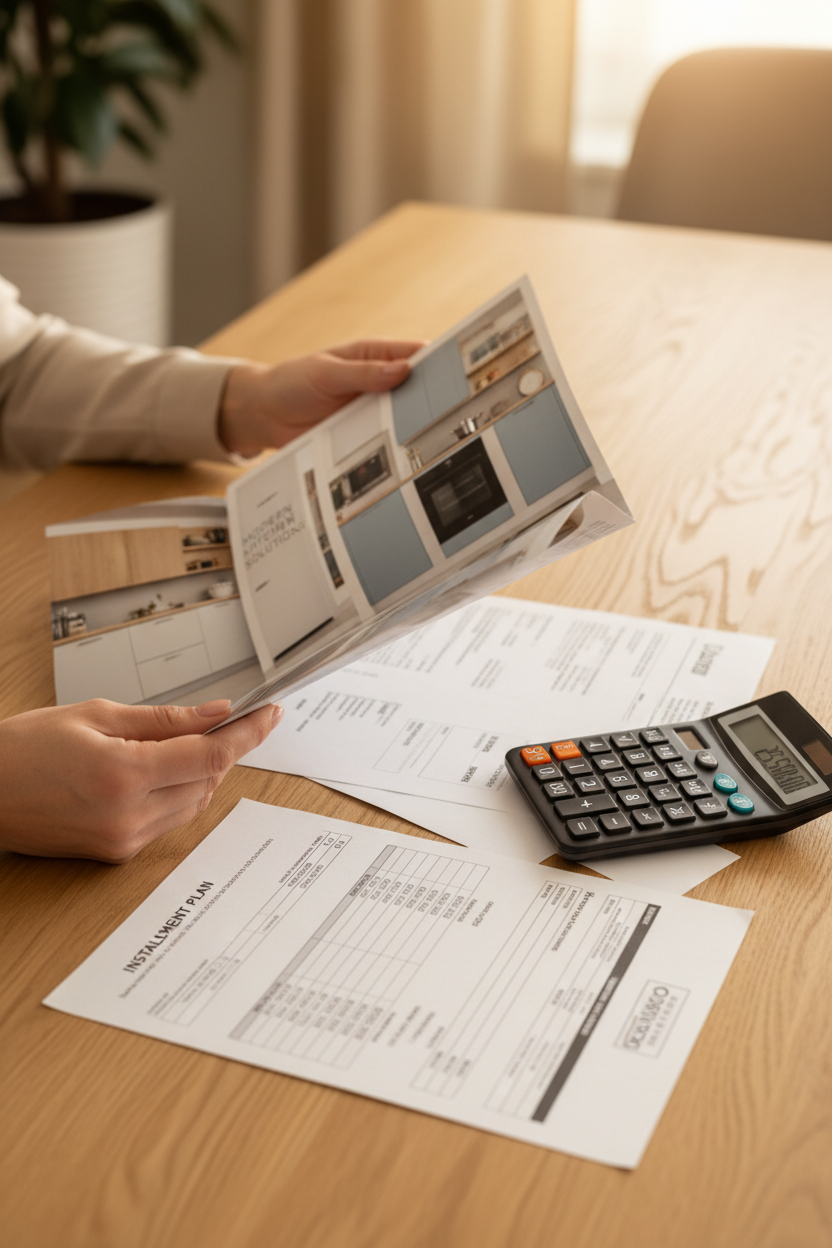 Hands holding kitchen design brochure with calculator and payment documents on table. Warm professional lighting, positive financial planning mood. Vertical composition, photorealistic.