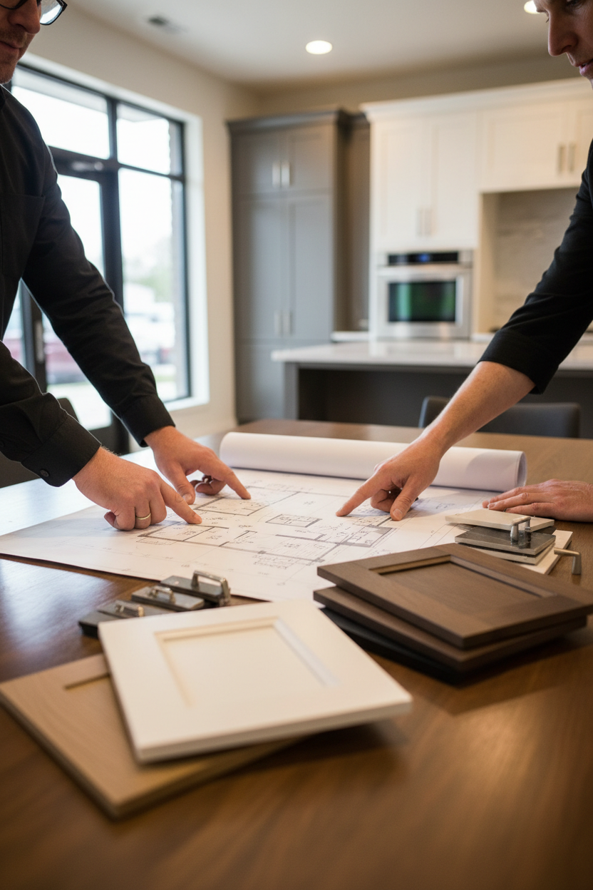 Hands pointing at kitchen floor plan on table with cabinet samples nearby. Warm professional lighting, helpful consultation mood. Vertical composition, photorealistic.