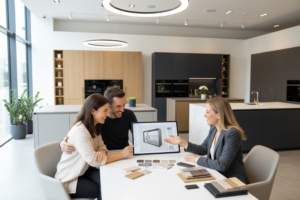 Happy couple reviewing kitchen design plans at modern showroom desk. Bright positive atmosphere, professional consultation setting. Kitchen displays in background. Wide angle, lifestyle photography, photorealistic.