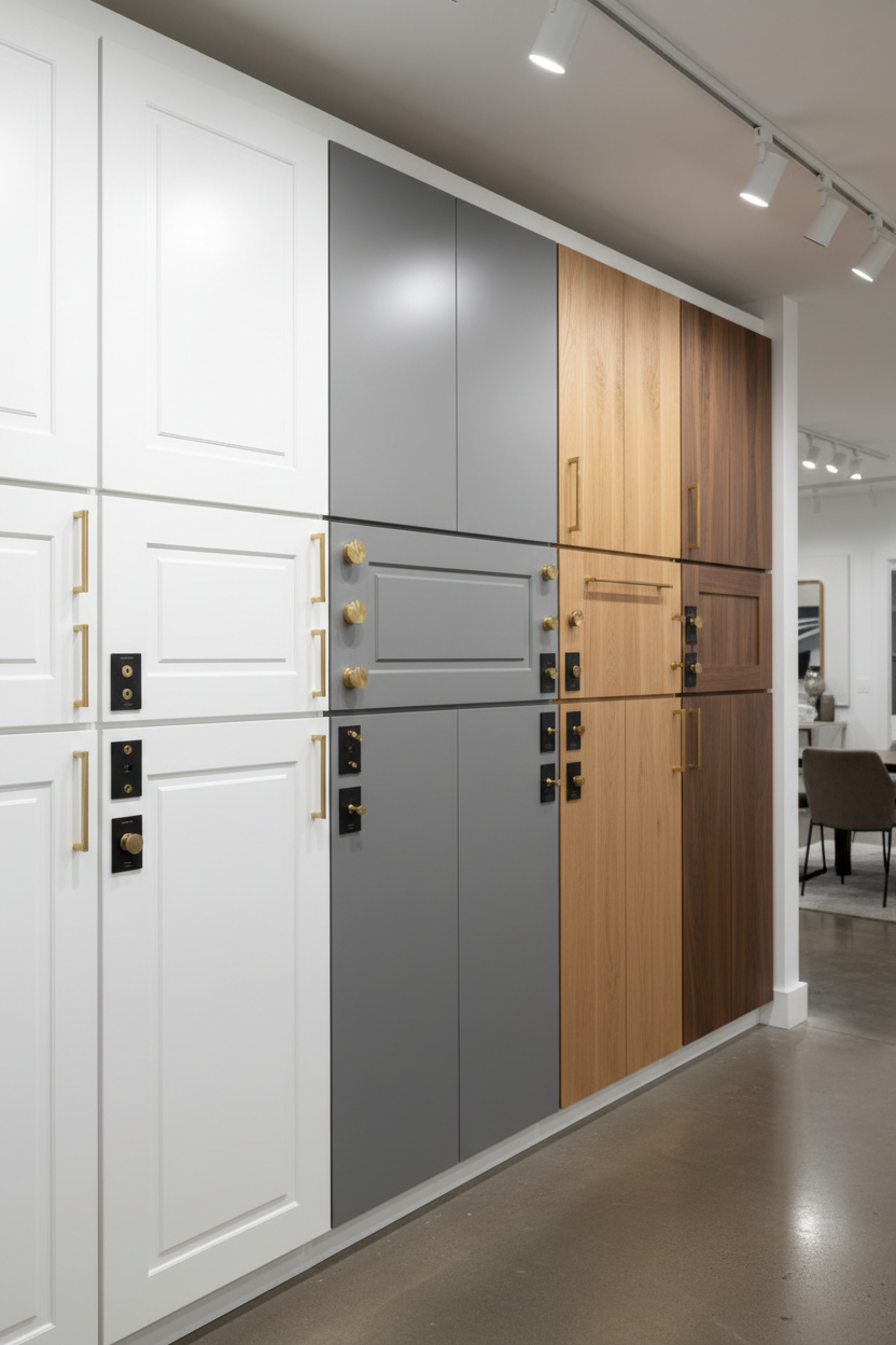 Kitchen cabinet door samples display wall. Various styles and colors - white shaker, gray modern, natural wood. Brass hardware samples. Vertical showroom photography, photorealistic.