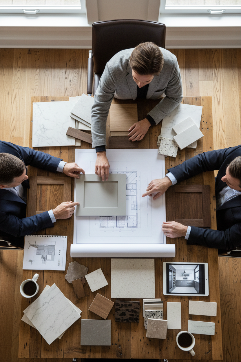 Kitchen design consultation detail. Hands pointing at cabinet samples and floor plans on table. Material swatches visible. Warm professional lighting, vertical composition, photorealistic.