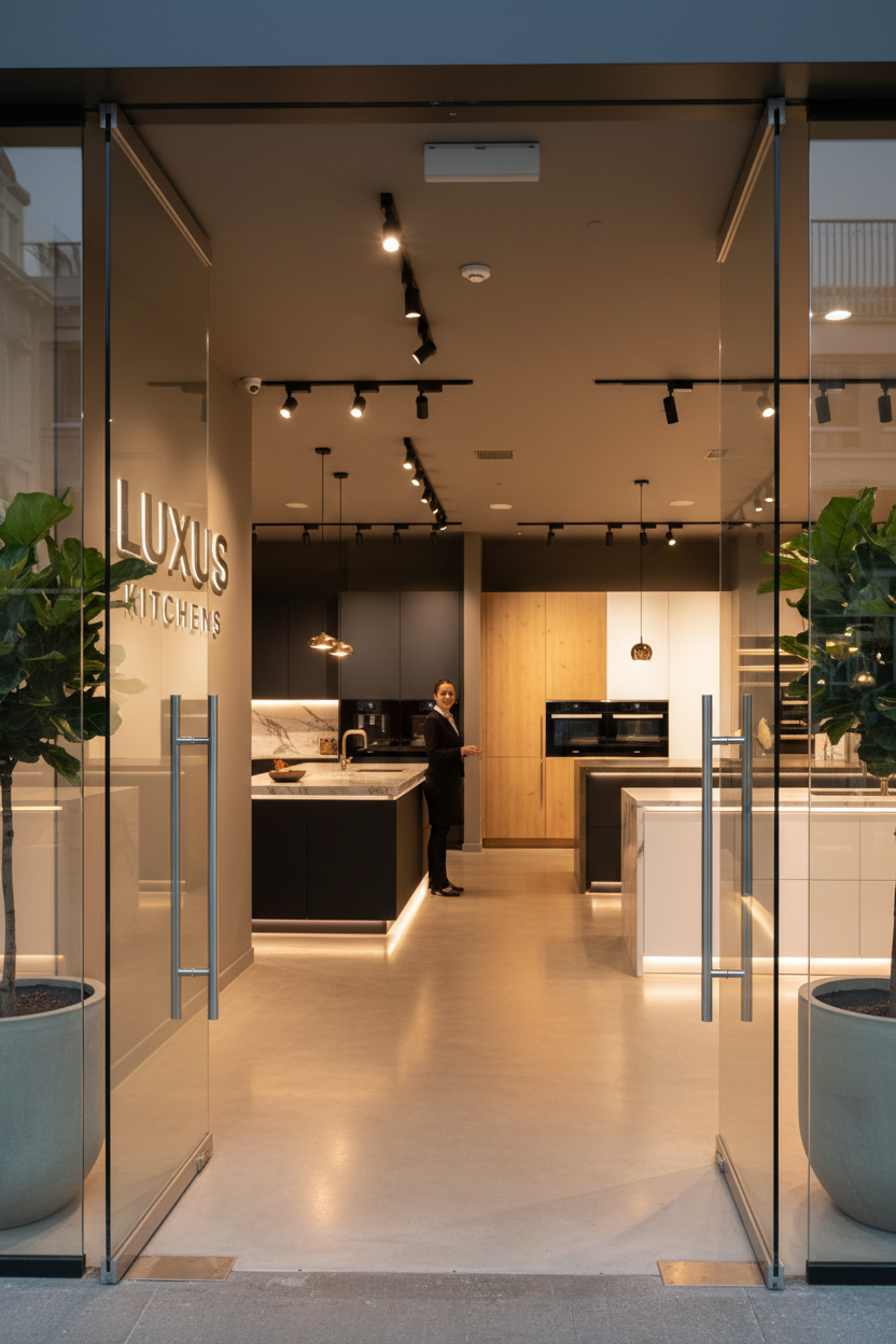 Kitchen showroom entrance with cabinet displays visible. Warm inviting lighting, professional environment. Vertical composition, commercial photography, photorealistic.