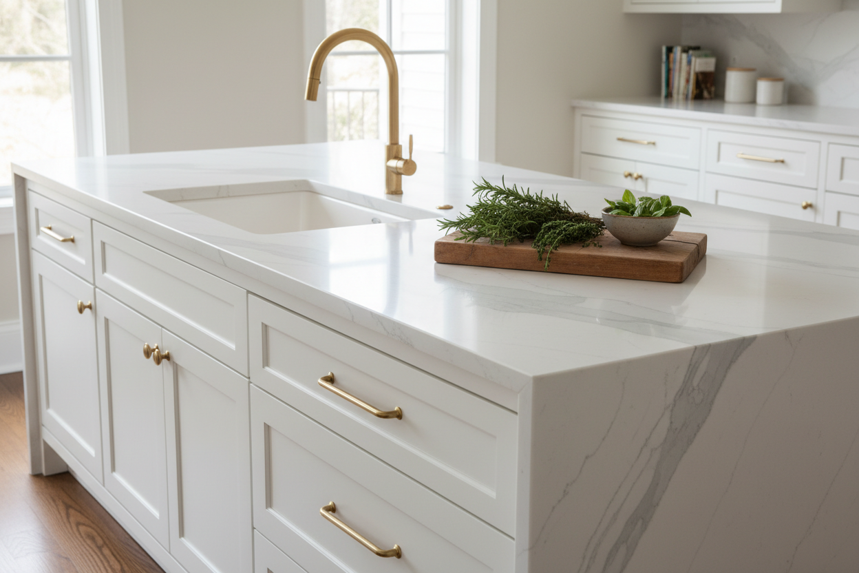 Luxury kitchen countertop detail. White quartz with subtle gray veining, waterfall edge on island. White shaker cabinets below, brass faucet visible. Styled with cutting board and fresh herbs. Natural light, editorial photography, photorealistic.