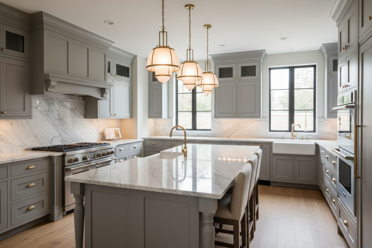 Luxury kitchen with St. Martin semi-custom cabinets. Inset doors, furniture-style details, custom gray finish. Marble countertops, designer lighting, high-end photography, photorealistic.
