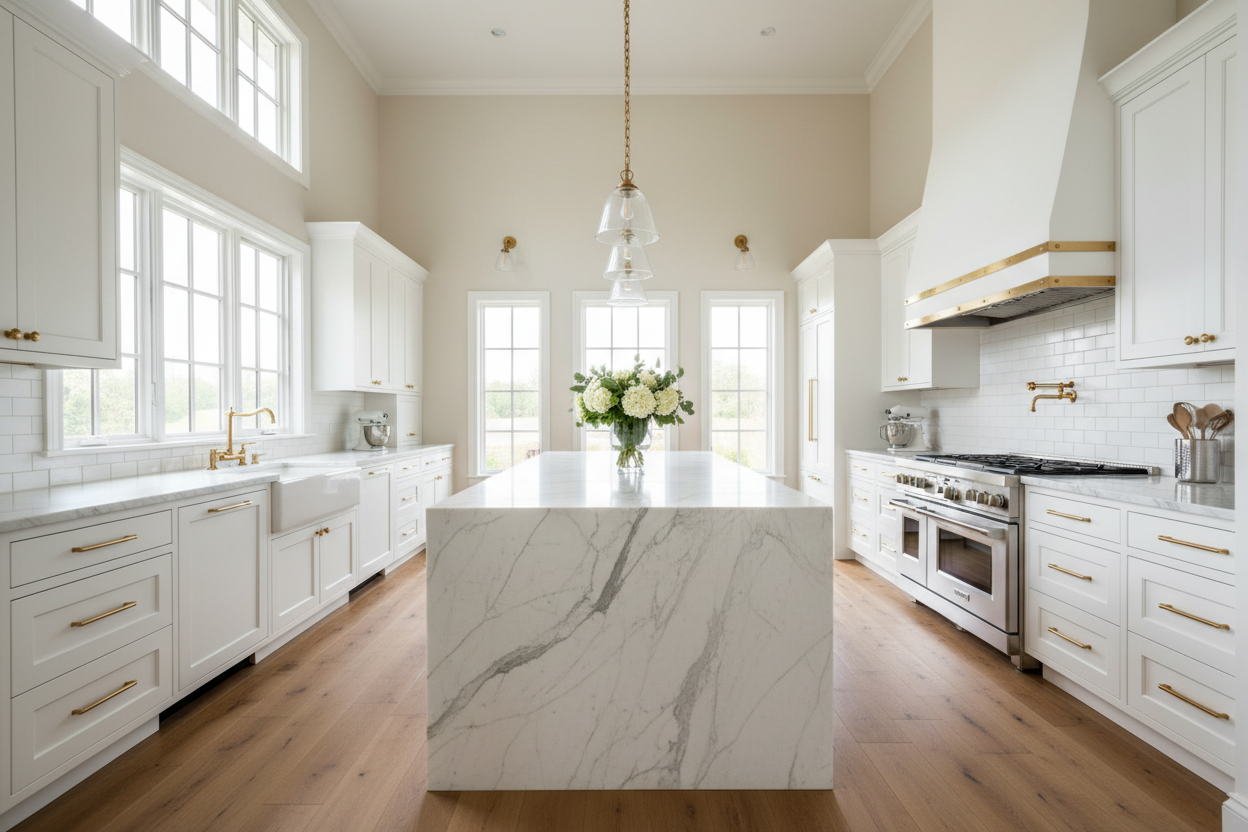 Luxury modern farmhouse kitchen in upscale American home. White shaker cabinets with brass hardware, marble island with waterfall edge, glass pendant lights, professional range. Natural morning light, warm inviting atmosphere. Architectural photography, wide angle, photorealistic. large screen version
