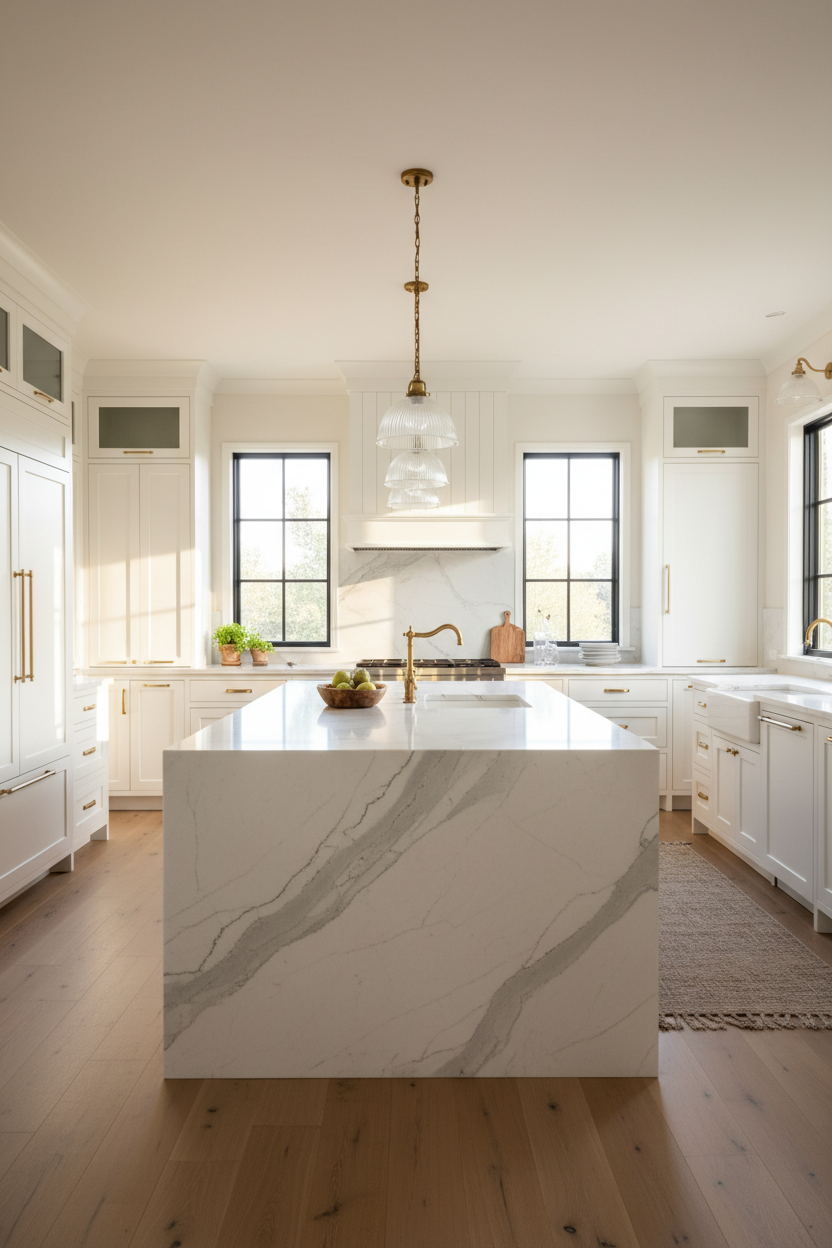 Luxury modern farmhouse kitchen in upscale American home. White shaker cabinets with brass hardware, marble island with waterfall edge, glass pendant lights, professional range. Natural morning light, warm inviting atmosphere. Architectural photography, wide angle, photorealistic. mobile version