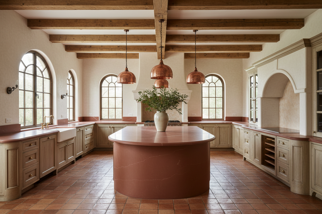 Mediterranean-inspired luxury kitchen with Compac quartz countertops in warm terracotta tones, rustic wooden ceiling beams, terracotta floor tiles, arched windows, copper pendant lights, olive branches in vase, European villa aesthetic, editorial photography, 4K