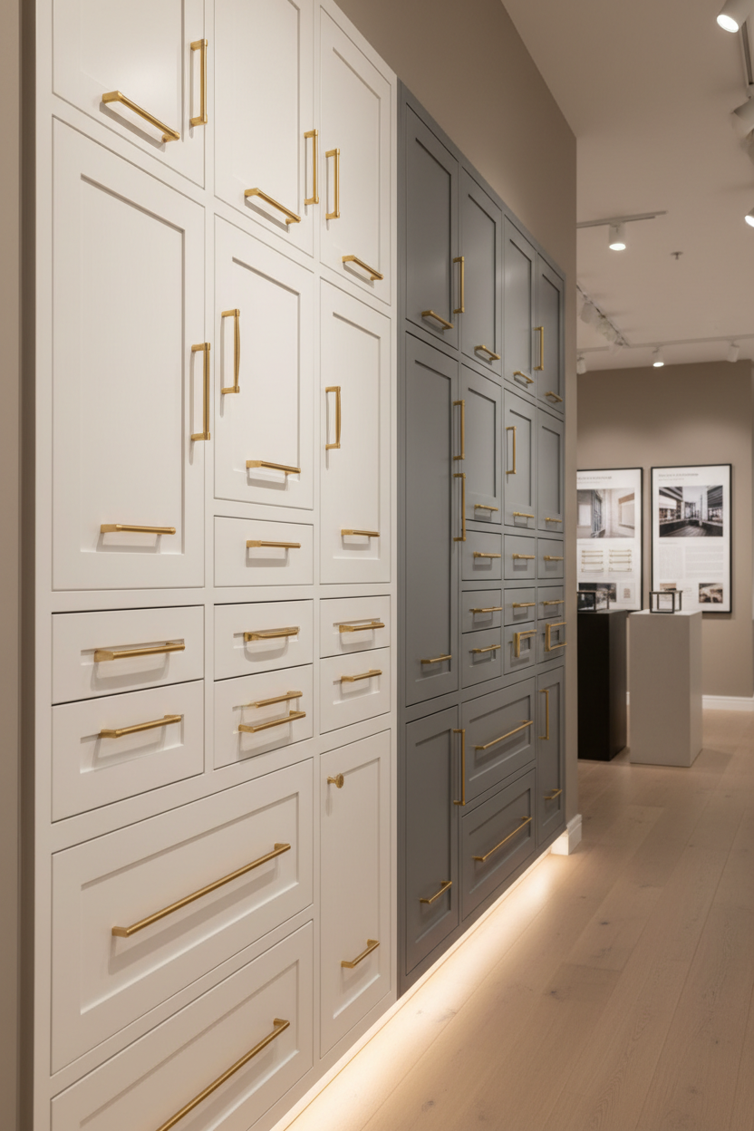 Modern kitchen cabinet showroom detail. White shaker and gray cabinet door displays with brass hardware samples. Warm professional lighting. Vertical composition, architectural photography, photorealistic. 750 x 600px
