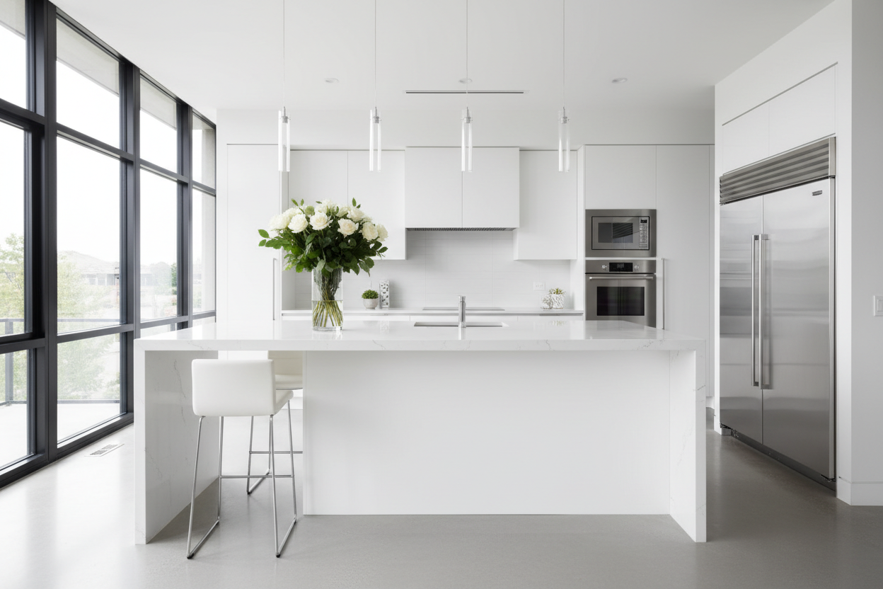 Modern luxury kitchen with Caesarstone white quartz countertops, waterfall island edge, minimalist design, bright natural lighting through large windows, stainless steel appliances, white cabinetry, fresh flowers on counter, professional interior photography, 4K, high-end real estate style