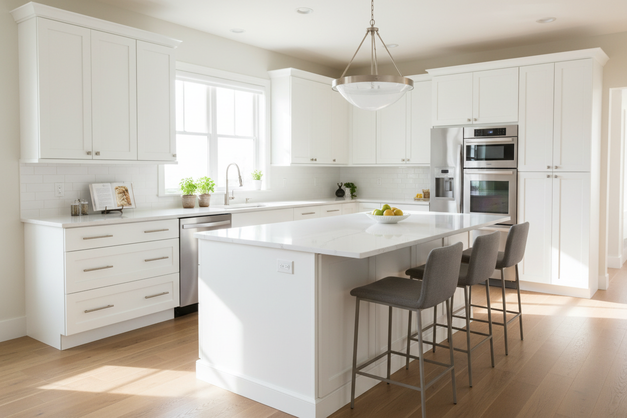 Modern white shaker kitchen featuring Fabuwood cabinets. Clean lines, soft-close drawers, brushed nickel hardware. Quartz countertops, stainless appliances. Bright natural light, photorealistic.