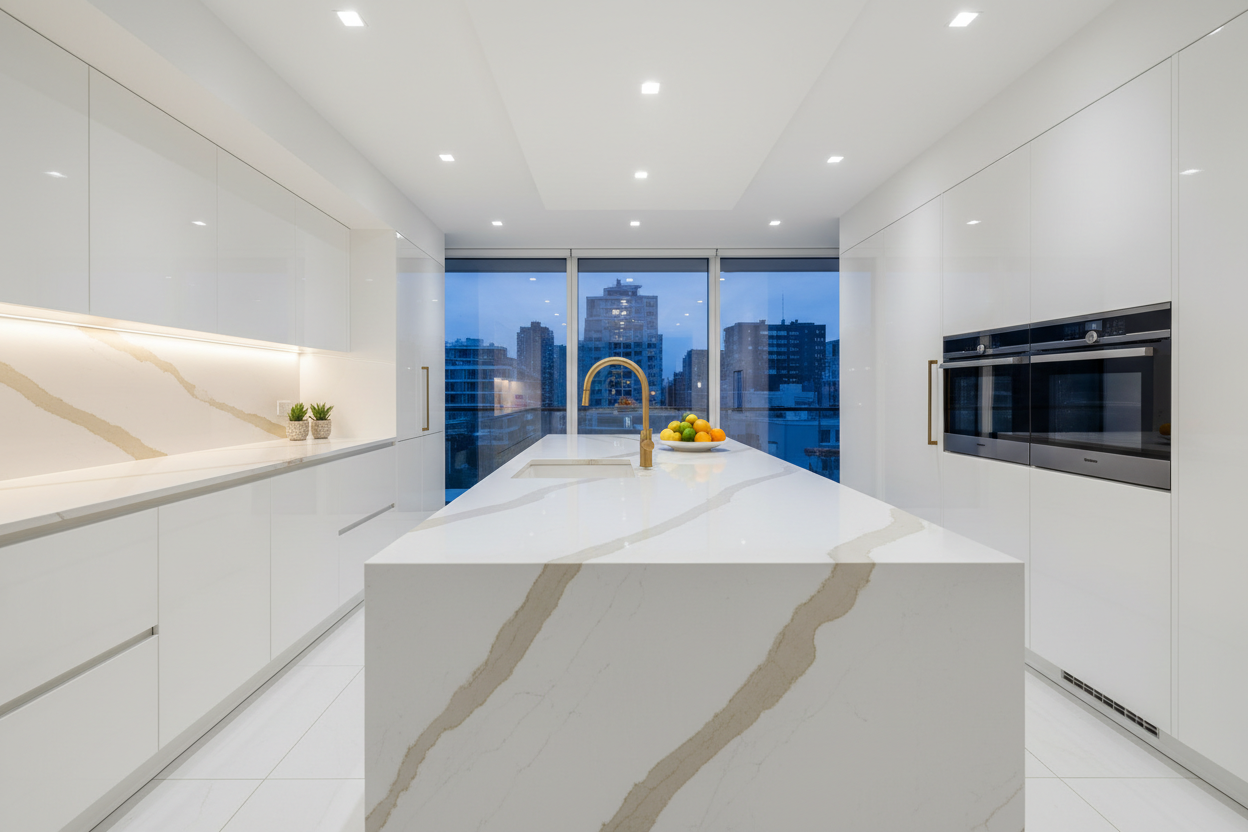 Pristine modern white kitchen with Silestone Calacatta gold quartz countertops, dramatic gold veining, high-gloss white cabinets, integrated appliances, statement gold faucet, fresh citrus bowl, clean bright aesthetic, luxury real estate photography, 4K