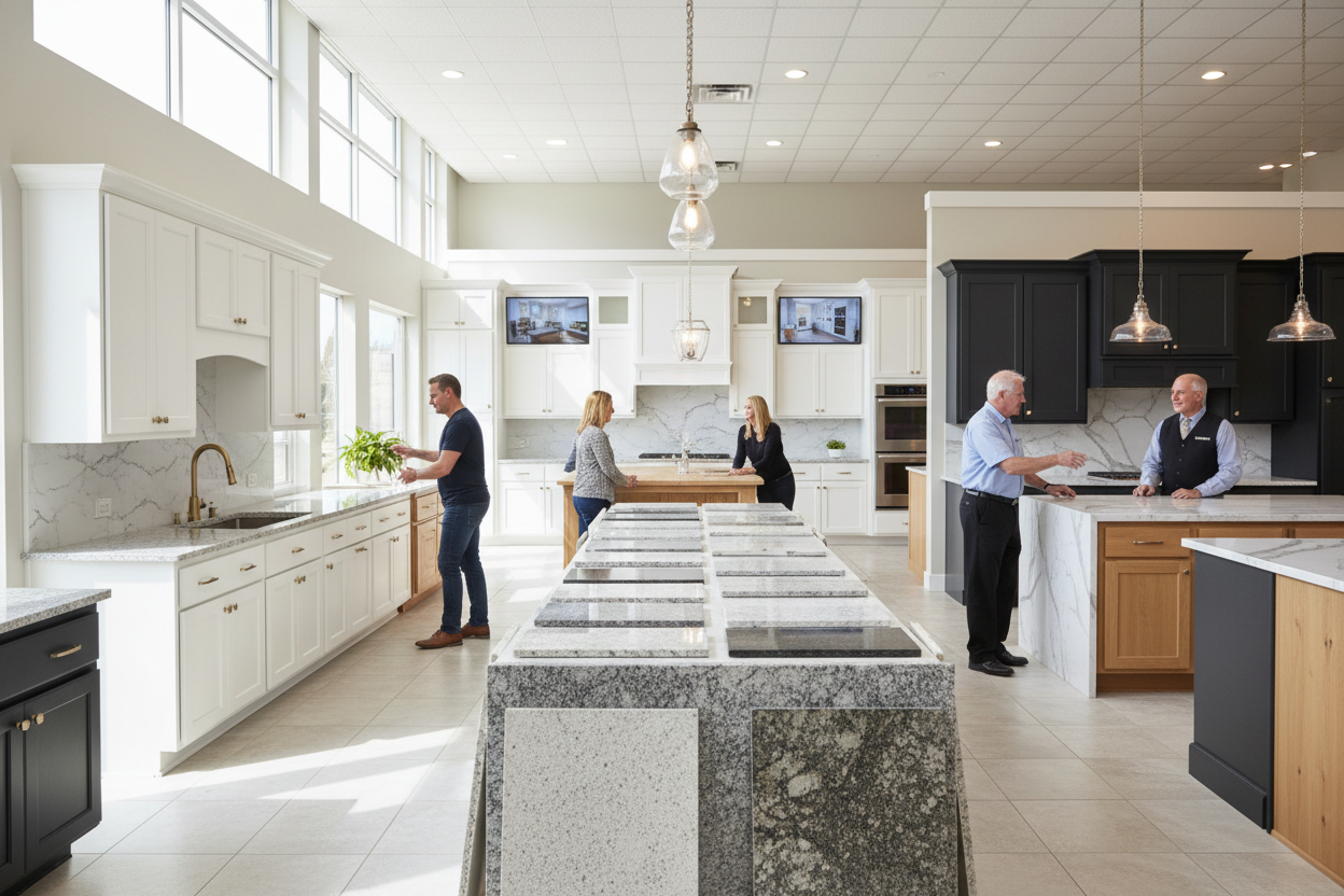 See, touch, and experience cabinets and countertops before you buy