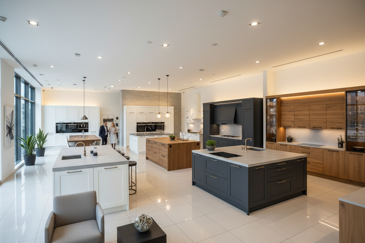 Spacious modern kitchen cabinet showroom interior. Multiple full kitchen displays in white, gray, wood tones. Professional lighting, polished floors, welcoming atmosphere. Wide angle architectural photography, photorealistic.