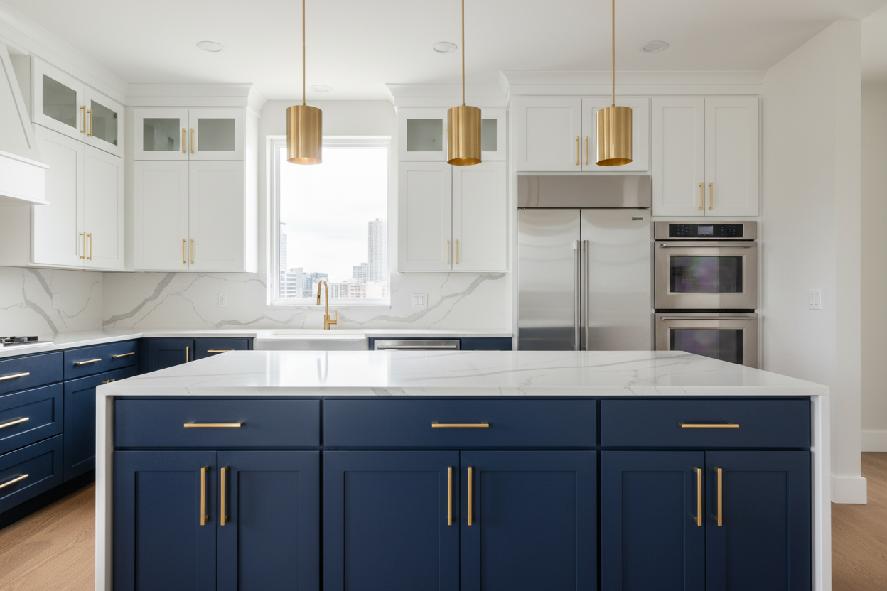Stylish two-tone kitchen with Designers Choice cabinets. Navy blue base cabinets, white upper cabinets, brass hardware. Quartz countertops, modern pendant lights, photorealistic.