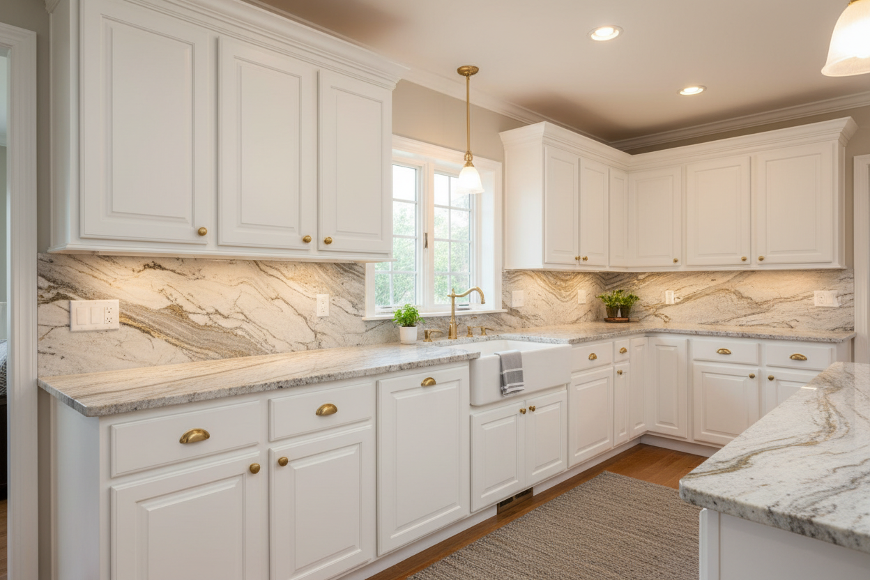 Traditional white kitchen with Forevermark cabinets. Raised panel doors, crown molding, brushed brass hardware. Granite countertops, farmhouse sink. Warm lighting, photorealistic.