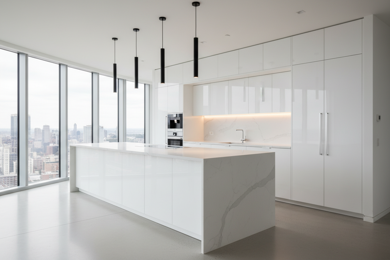 Ultra-modern kitchen with 21st Century frameless cabinets. High gloss white finish, handleless design, integrated lighting. Waterfall quartz island, minimalist style, photorealistic.