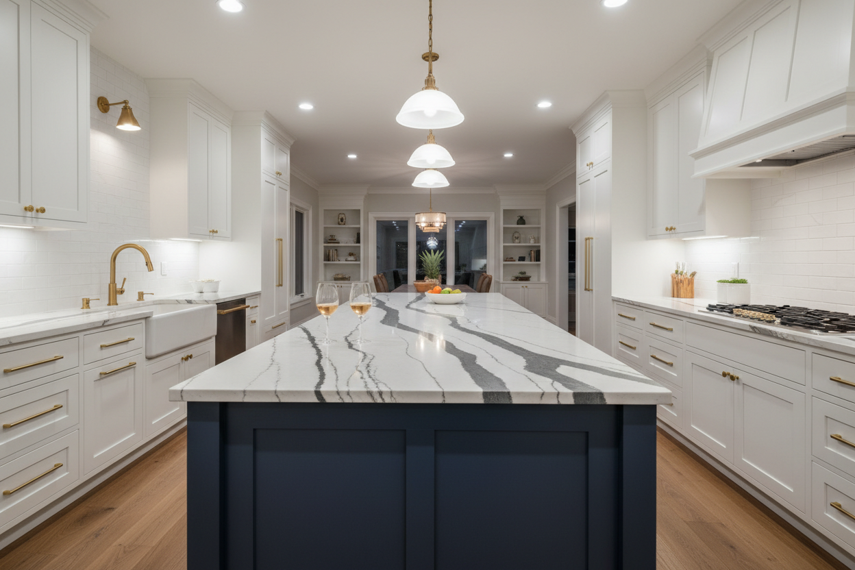 Upscale transitional kitchen with Cambria Brittanicca quartz countertops, bold dramatic veining, navy blue island cabinets, white perimeter cabinets, brass hardware and lighting, wine glasses on counter, sophisticated evening ambiance, architectural digest style, 4K