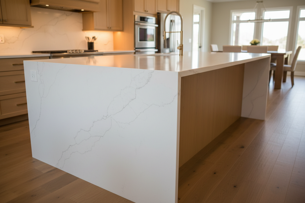 White quartz countertop with waterfall edge